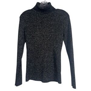 Style & Co Sz M Sweater Black Silver Gold Metallic Turtleneck Classic Party Top